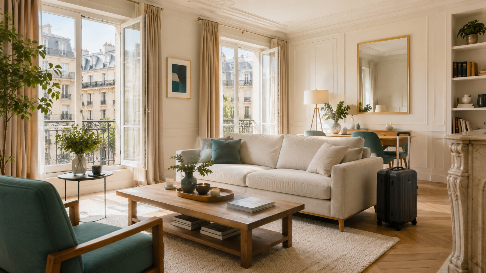 Salón luminoso de apartamento moderno preparado para alquiler temporal con maleta y ambiente acogedor