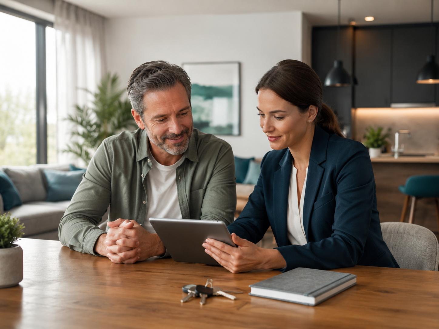 Propietario revisando la gestión de su vivienda con una asesora inmobiliaria