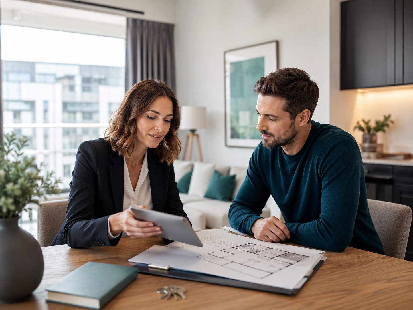 Profesional inmobiliario asesorando a un propietario sobre el potencial de su vivienda