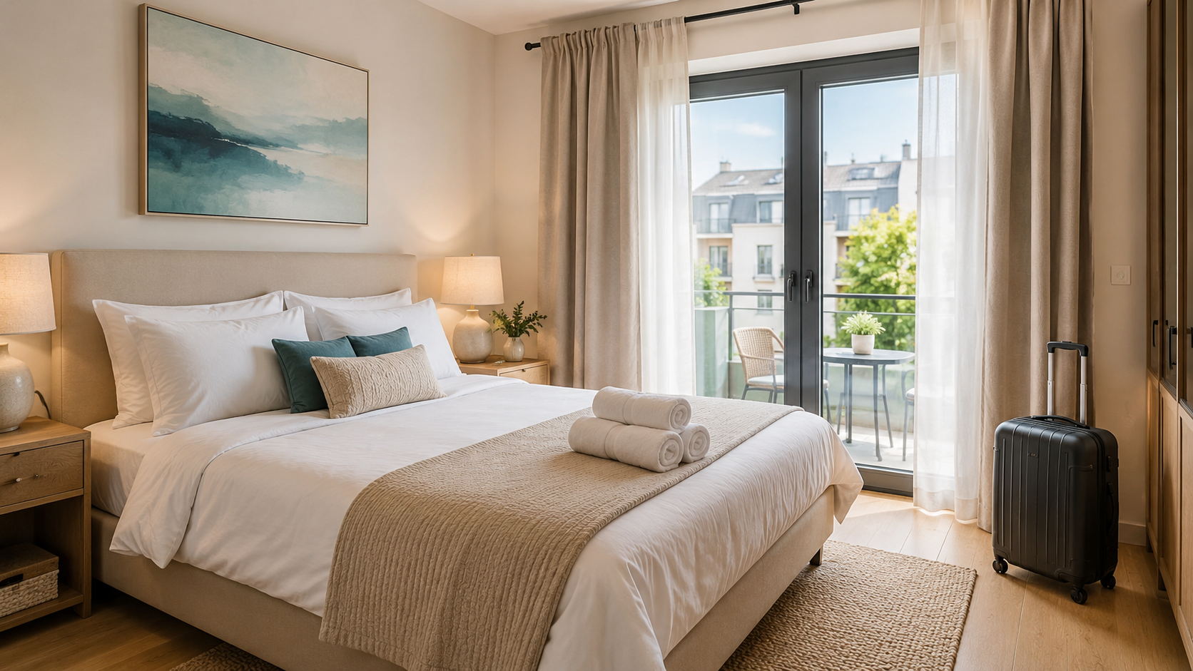 Dormitorio moderno preparado para alquiler temporal con cama impecable, toallas y maleta