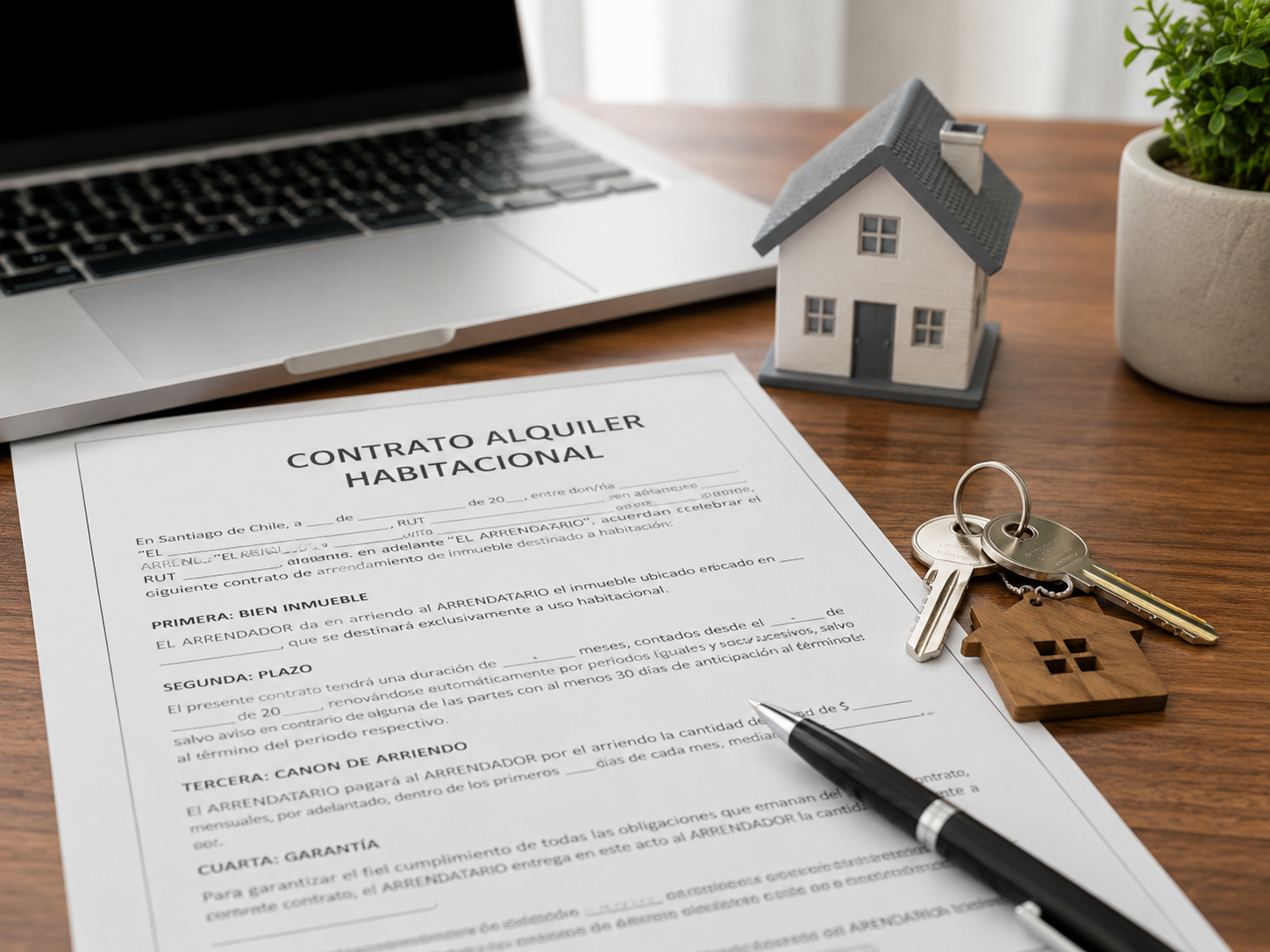 Contrato de alquiler habitacional, llaves y elementos de gestión sobre una mesa de trabajo