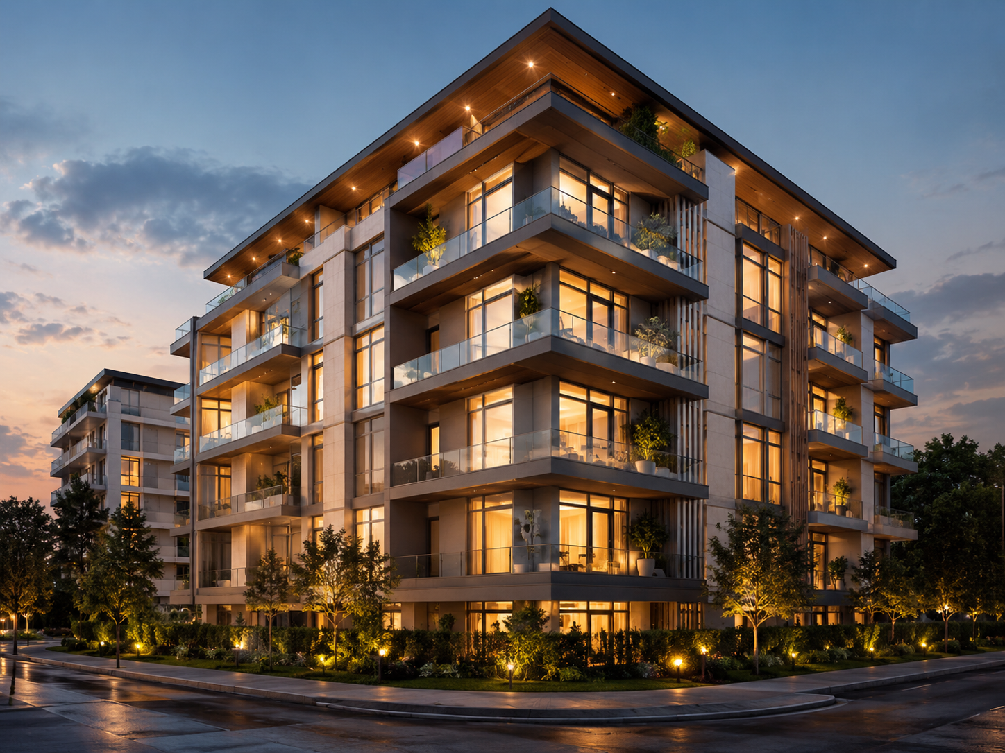 Edificio residencial moderno iluminado al atardecer como proyecto inmobiliario con potencial de rentabilidad