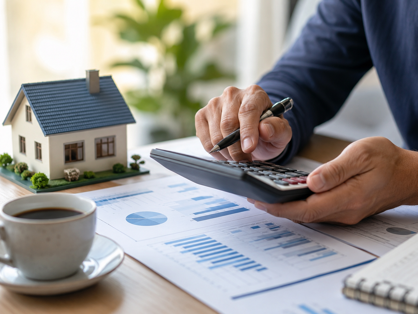 Cálculo de rentabilidad inmobiliaria con documentos, gráficos y maqueta de vivienda