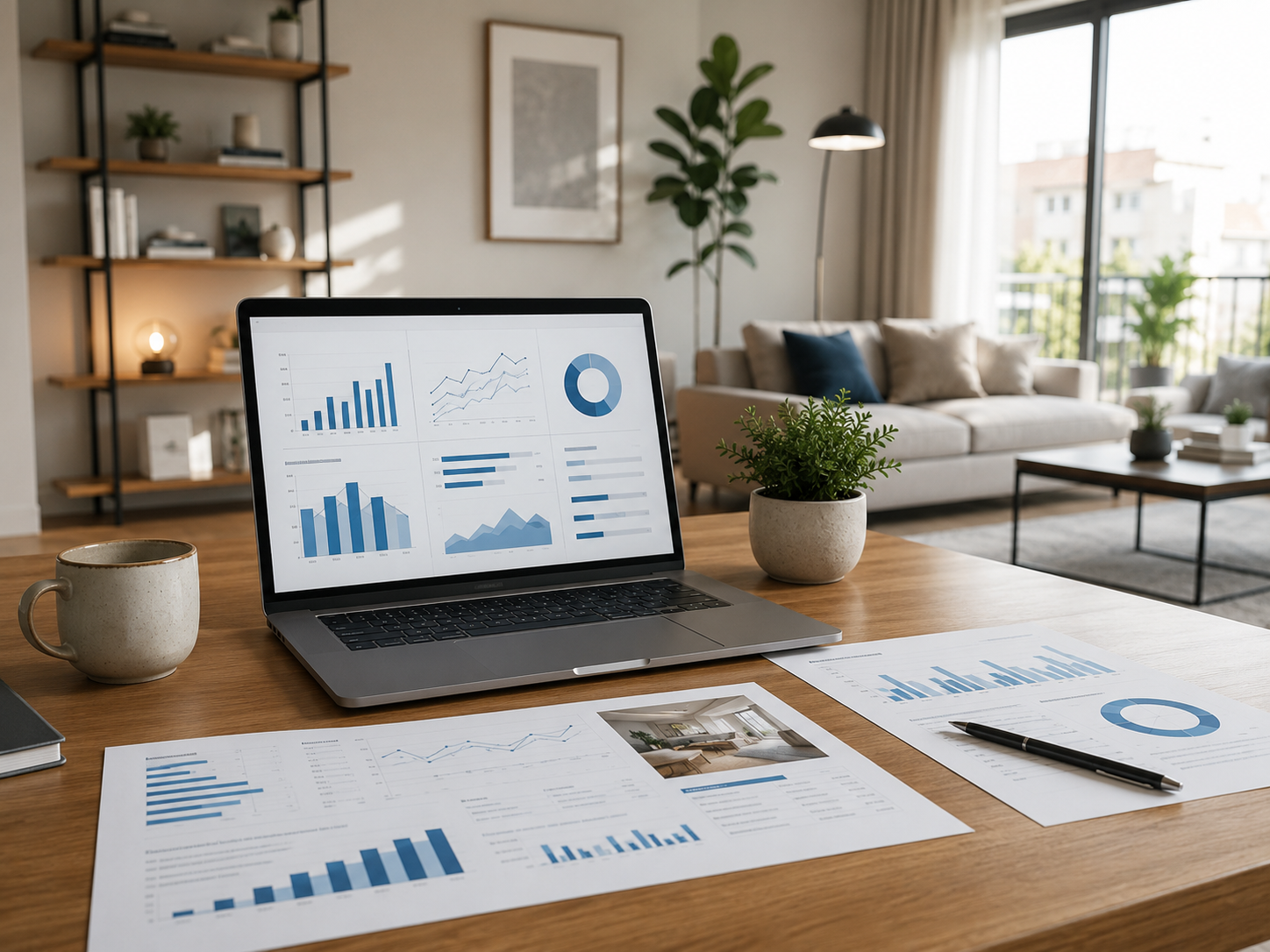 Portátil con gráficos e informe de valoración para estimar la rentabilidad de una vivienda