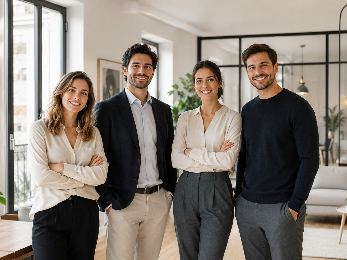 Equipo de profesionales inmobiliarios en un entorno moderno y cercano