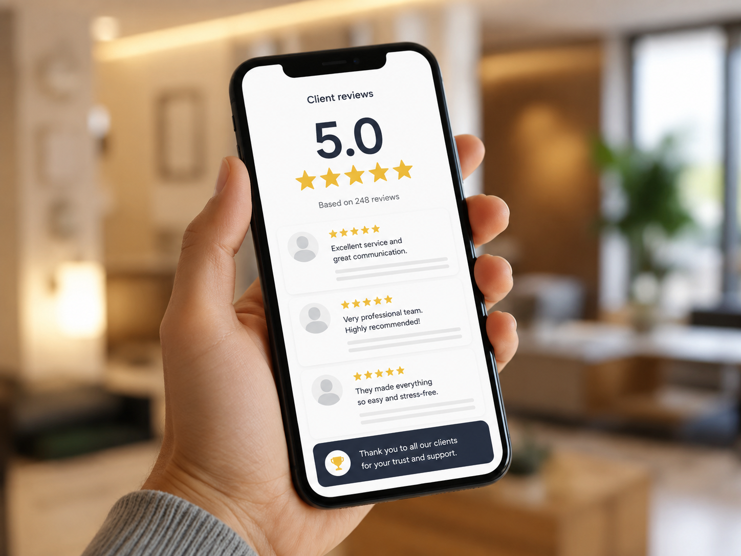 Smartphone mostrando valoraciones positivas de clientes en un ambiente de vivienda acogedora