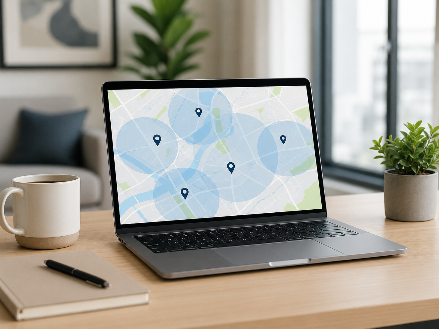 Portátil con mapa y zonas de cobertura para representar áreas donde RoomVibe gestiona propiedades