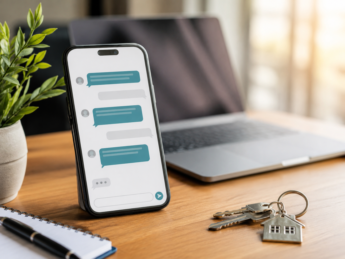 Smartphone con chat genérico, portátil y llaves para representar contacto directo con RoomVibe