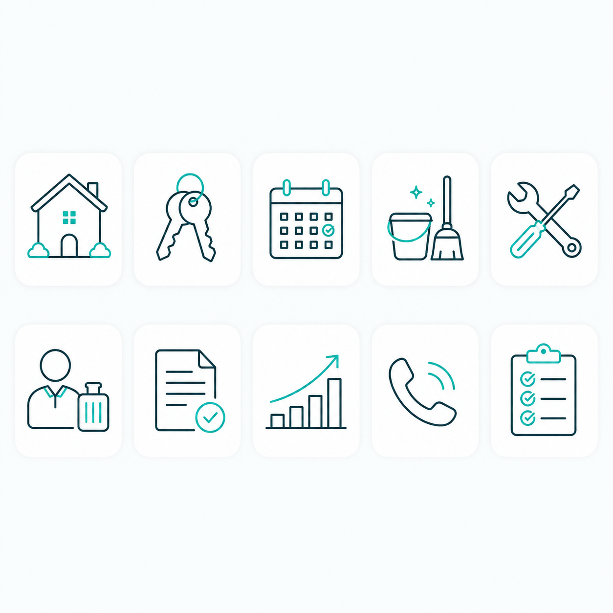 Pack de iconos minimalistas para vivienda, llaves, calendario, limpieza, mantenimiento y rentabilidad